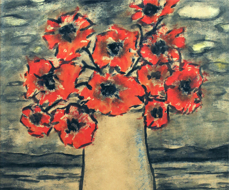 Still Life of Vase with Red Flowers - Watercolour on canvas
