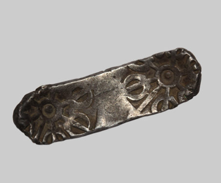 Punch Mark Coin, Bent Bar, Silver, Shatamana - Bent Bar, Conquests & Kingdoms, Gandhar, Shatamana, Six-armed symbol