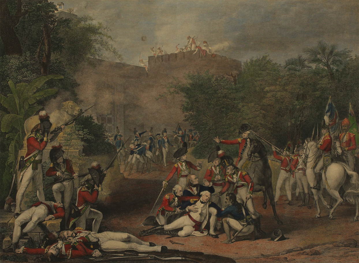 Engraving of the death of Colonel Moorhouse on the battlefield, amonst infantry and horses with fortifications in the distance.