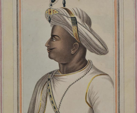 Engraving. Portrait of Tipu Sultan in profile. Man in white robes and turban.