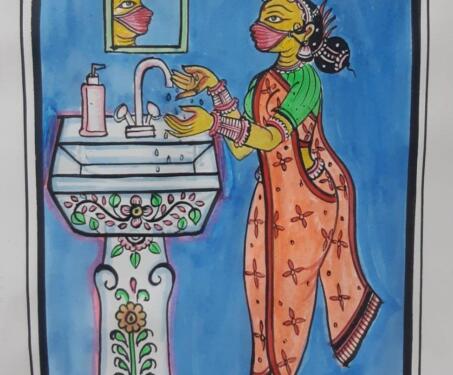 Art and Covid-19 - Indian folk art painting of a woman wearing a saree and a mask washing her hands at a wash basin